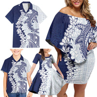 Polynesian Navy Blue Plumeria Lei Family Matching Off Shoulder Short Dress and Hawaiian Shirt with Hammerhead Shark LT7 - Polynesian Pride