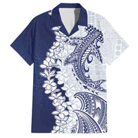 Polynesian Navy Blue Plumeria Lei Family Matching Short Sleeve Bodycon Dress and Hawaiian Shirt with Hammerhead Shark LT7 Dad's Shirt - Short Sleeve Navy Blue - Polynesian Pride
