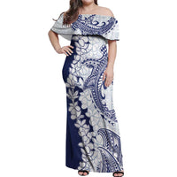 Polynesian Navy Blue Plumeria Lei Off Shoulder Maxi Dress with Hammerhead Shark