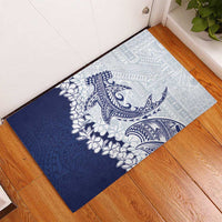 Polynesian Navy Blue Plumeria Lei Rubber Doormat with Hammerhead Shark