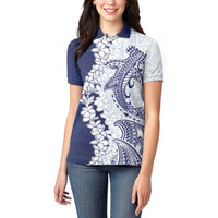 Polynesian Navy Blue Plumeria Lei Women Polo Shirt with Hammerhead Shark