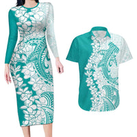 Polynesian Teal Plumeria Lei Couples Matching Long Sleeve Bodycon Dress and Hawaiian Shirt with Hammerhead Shark LT7 Teal - Polynesian Pride