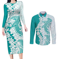 Polynesian Teal Plumeria Lei Couples Matching Long Sleeve Bodycon Dress and Long Sleeve Button Shirt with Hammerhead Shark LT7 Teal - Polynesian Pride