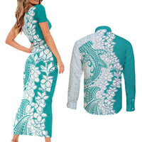 Polynesian Teal Plumeria Lei Couples Matching Short Sleeve Bodycon Dress and Long Sleeve Button Shirt with Hammerhead Shark LT7 - Polynesian Pride