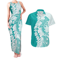 Polynesian Teal Plumeria Lei Couples Matching Tank Maxi Dress and Hawaiian Shirt with Hammerhead Shark LT7 Teal - Polynesian Pride