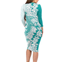 Polynesian Teal Plumeria Lei Family Matching Long Sleeve Bodycon Dress and Hawaiian Shirt with Hammerhead Shark LT7 - Polynesian Pride