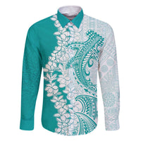 Polynesian Teal Plumeria Lei Family Matching Off The Shoulder Long Sleeve Dress and Hawaiian Shirt with Hammerhead Shark LT7 Dad's Shirt - Long Sleeve Teal - Polynesian Pride
