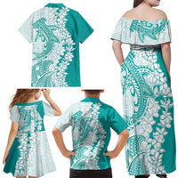 Polynesian Teal Plumeria Lei Family Matching Off Shoulder Maxi Dress and Hawaiian Shirt with Hammerhead Shark LT7 - Polynesian Pride