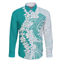 Polynesian Teal Plumeria Lei Family Matching Off Shoulder Maxi Dress and Hawaiian Shirt with Hammerhead Shark LT7 Dad's Shirt - Long Sleeve Teal - Polynesian Pride