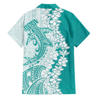 Polynesian Teal Plumeria Lei Family Matching Short Sleeve Bodycon Dress and Hawaiian Shirt with Hammerhead Shark LT7 - Polynesian Pride