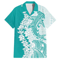 Polynesian Teal Plumeria Lei Family Matching Tank Maxi Dress and Hawaiian Shirt with Hammerhead Shark LT7 Dad's Shirt - Short Sleeve Teal - Polynesian Pride