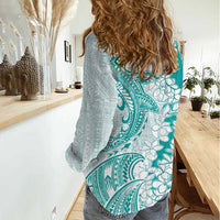 Polynesian Teal Plumeria Lei Women Casual Shirt with Hammerhead Shark