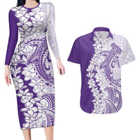 Polynesian Purple Plumeria Lei Couples Matching Long Sleeve Bodycon Dress and Hawaiian Shirt with Hammerhead Shark LT7 Purple - Polynesian Pride