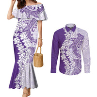Polynesian Purple Plumeria Lei Couples Matching Mermaid Dress and Long Sleeve Button Shirt with Hammerhead Shark LT7 Purple - Polynesian Pride