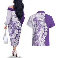 Polynesian Purple Plumeria Lei Couples Matching Off The Shoulder Long Sleeve Dress and Hawaiian Shirt with Hammerhead Shark LT7 - Polynesian Pride