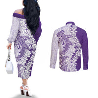 Polynesian Purple Plumeria Lei Couples Matching Off The Shoulder Long Sleeve Dress and Long Sleeve Button Shirt with Hammerhead Shark LT7 - Polynesian Pride