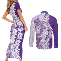 Polynesian Purple Plumeria Lei Couples Matching Short Sleeve Bodycon Dress and Long Sleeve Button Shirt with Hammerhead Shark LT7 - Polynesian Pride
