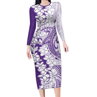 Polynesian Purple Plumeria Lei Family Matching Long Sleeve Bodycon Dress and Hawaiian Shirt with Hammerhead Shark LT7 Mom's Dress Purple - Polynesian Pride