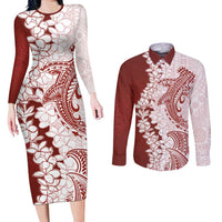 Polynesian Crimson Plumeria Lei Couples Matching Long Sleeve Bodycon Dress and Long Sleeve Button Shirt with Hammerhead Shark LT7 Red - Polynesian Pride
