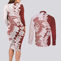 Polynesian Crimson Plumeria Lei Couples Matching Long Sleeve Bodycon Dress and Long Sleeve Button Shirt with Hammerhead Shark LT7 - Polynesian Pride