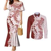 Polynesian Crimson Plumeria Lei Couples Matching Mermaid Dress and Long Sleeve Button Shirt with Hammerhead Shark LT7 Red - Polynesian Pride