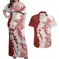 Polynesian Crimson Plumeria Lei Couples Matching Off Shoulder Maxi Dress and Hawaiian Shirt with Hammerhead Shark LT7 Red - Polynesian Pride
