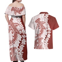 Polynesian Crimson Plumeria Lei Couples Matching Off Shoulder Maxi Dress and Hawaiian Shirt with Hammerhead Shark LT7 - Polynesian Pride