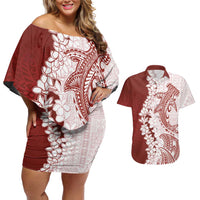 Polynesian Crimson Plumeria Lei Couples Matching Off Shoulder Short Dress and Hawaiian Shirt with Hammerhead Shark LT7 Red - Polynesian Pride