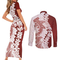 Polynesian Crimson Plumeria Lei Couples Matching Short Sleeve Bodycon Dress and Long Sleeve Button Shirt with Hammerhead Shark LT7 - Polynesian Pride