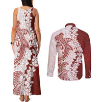 Polynesian Crimson Plumeria Lei Couples Matching Tank Maxi Dress and Long Sleeve Button Shirt with Hammerhead Shark LT7 - Polynesian Pride