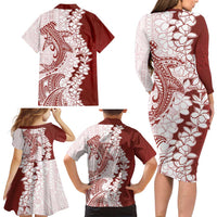 Polynesian Crimson Plumeria Lei Family Matching Long Sleeve Bodycon Dress and Hawaiian Shirt with Hammerhead Shark LT7 - Polynesian Pride