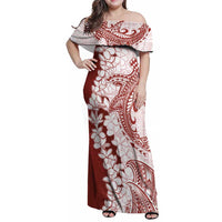 Polynesian Crimson Plumeria Lei Family Matching Off Shoulder Maxi Dress and Hawaiian Shirt with Hammerhead Shark LT7 Mom's Dress Red - Polynesian Pride