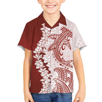 Polynesian Crimson Plumeria Lei Family Matching Off Shoulder Maxi Dress and Hawaiian Shirt with Hammerhead Shark LT7 Son's Shirt Red - Polynesian Pride