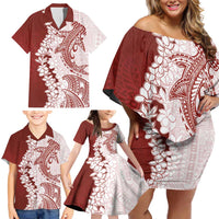 Polynesian Crimson Plumeria Lei Family Matching Off Shoulder Short Dress and Hawaiian Shirt with Hammerhead Shark LT7 - Polynesian Pride