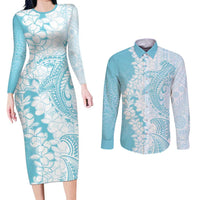 Polynesian Turquoise Plumeria Lei Couples Matching Long Sleeve Bodycon Dress and Long Sleeve Button Shirt with Hammerhead Shark LT7 Turquoise - Polynesian Pride