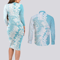 Polynesian Turquoise Plumeria Lei Couples Matching Long Sleeve Bodycon Dress and Long Sleeve Button Shirt with Hammerhead Shark LT7 - Polynesian Pride