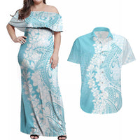 Polynesian Turquoise Plumeria Lei Couples Matching Off Shoulder Maxi Dress and Hawaiian Shirt with Hammerhead Shark LT7 Turquoise - Polynesian Pride