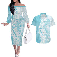 Polynesian Turquoise Plumeria Lei Couples Matching Off The Shoulder Long Sleeve Dress and Hawaiian Shirt with Hammerhead Shark LT7 Turquoise - Polynesian Pride