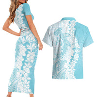 Polynesian Turquoise Plumeria Lei Couples Matching Short Sleeve Bodycon Dress and Hawaiian Shirt with Hammerhead Shark LT7 - Polynesian Pride