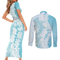 Polynesian Turquoise Plumeria Lei Couples Matching Short Sleeve Bodycon Dress and Long Sleeve Button Shirt with Hammerhead Shark LT7 - Polynesian Pride