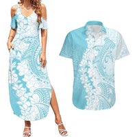 Polynesian Turquoise Plumeria Lei Couples Matching Summer Maxi Dress and Hawaiian Shirt with Hammerhead Shark LT7 Turquoise - Polynesian Pride