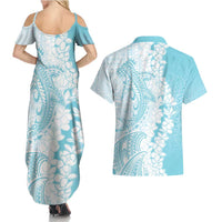 Polynesian Turquoise Plumeria Lei Couples Matching Summer Maxi Dress and Hawaiian Shirt with Hammerhead Shark LT7 - Polynesian Pride