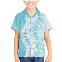 Polynesian Turquoise Plumeria Lei Family Matching Mermaid Dress and Hawaiian Shirt with Hammerhead Shark LT7 Son's Shirt Turquoise - Polynesian Pride