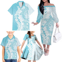 Polynesian Turquoise Plumeria Lei Family Matching Off The Shoulder Long Sleeve Dress and Hawaiian Shirt with Hammerhead Shark LT7 - Polynesian Pride