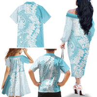 Polynesian Turquoise Plumeria Lei Family Matching Off The Shoulder Long Sleeve Dress and Hawaiian Shirt with Hammerhead Shark LT7 - Polynesian Pride