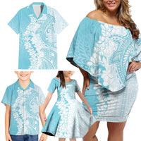 Polynesian Turquoise Plumeria Lei Family Matching Off Shoulder Short Dress and Hawaiian Shirt with Hammerhead Shark LT7 - Polynesian Pride