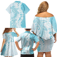 Polynesian Turquoise Plumeria Lei Family Matching Off Shoulder Short Dress and Hawaiian Shirt with Hammerhead Shark LT7 - Polynesian Pride