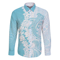 Polynesian Turquoise Plumeria Lei Family Matching Off Shoulder Short Dress and Hawaiian Shirt with Hammerhead Shark LT7 Dad's Shirt - Long Sleeve Turquoise - Polynesian Pride