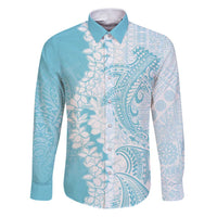 Polynesian Turquoise Plumeria Lei Family Matching Puletasi and Hawaiian Shirt with Hammerhead Shark LT7 Dad's Shirt - Long Sleeve Turquoise - Polynesian Pride