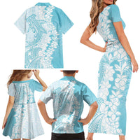 Polynesian Turquoise Plumeria Lei Family Matching Short Sleeve Bodycon Dress and Hawaiian Shirt with Hammerhead Shark LT7 - Polynesian Pride